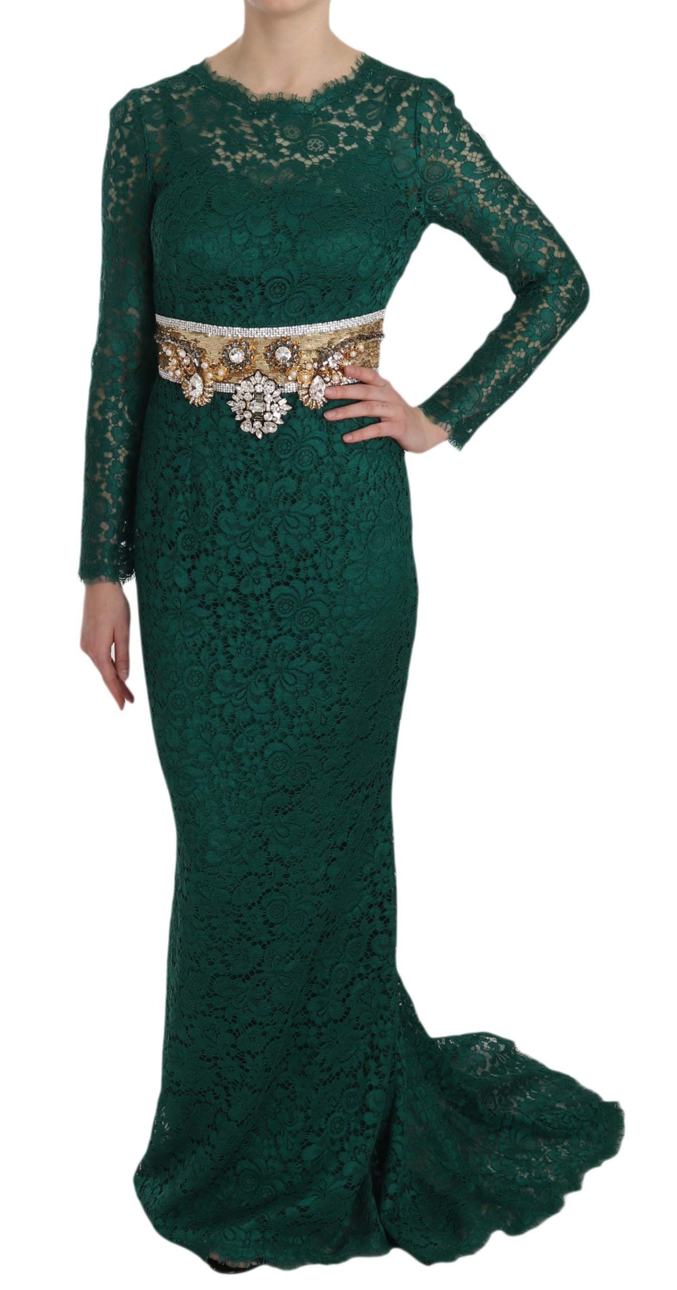 Crystal Gold Belt Lace Sheath Gown Dress