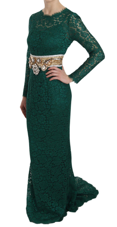 Crystal Gold Belt Lace Sheath Gown Dress