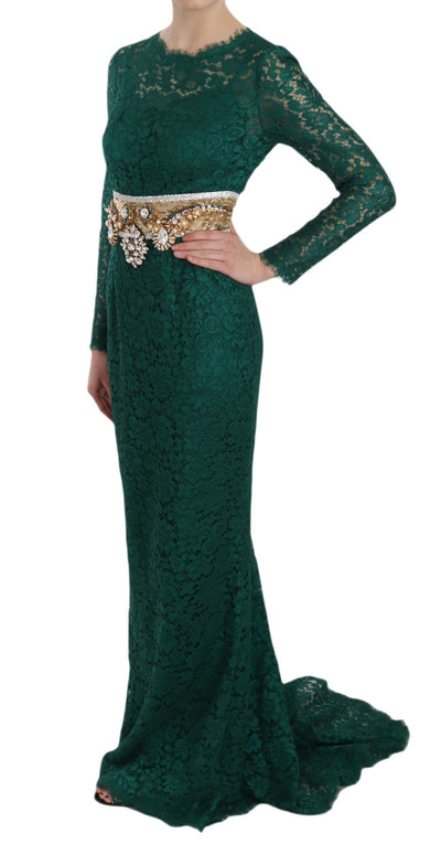 Crystal Gold Belt Lace Sheath Gown Dress