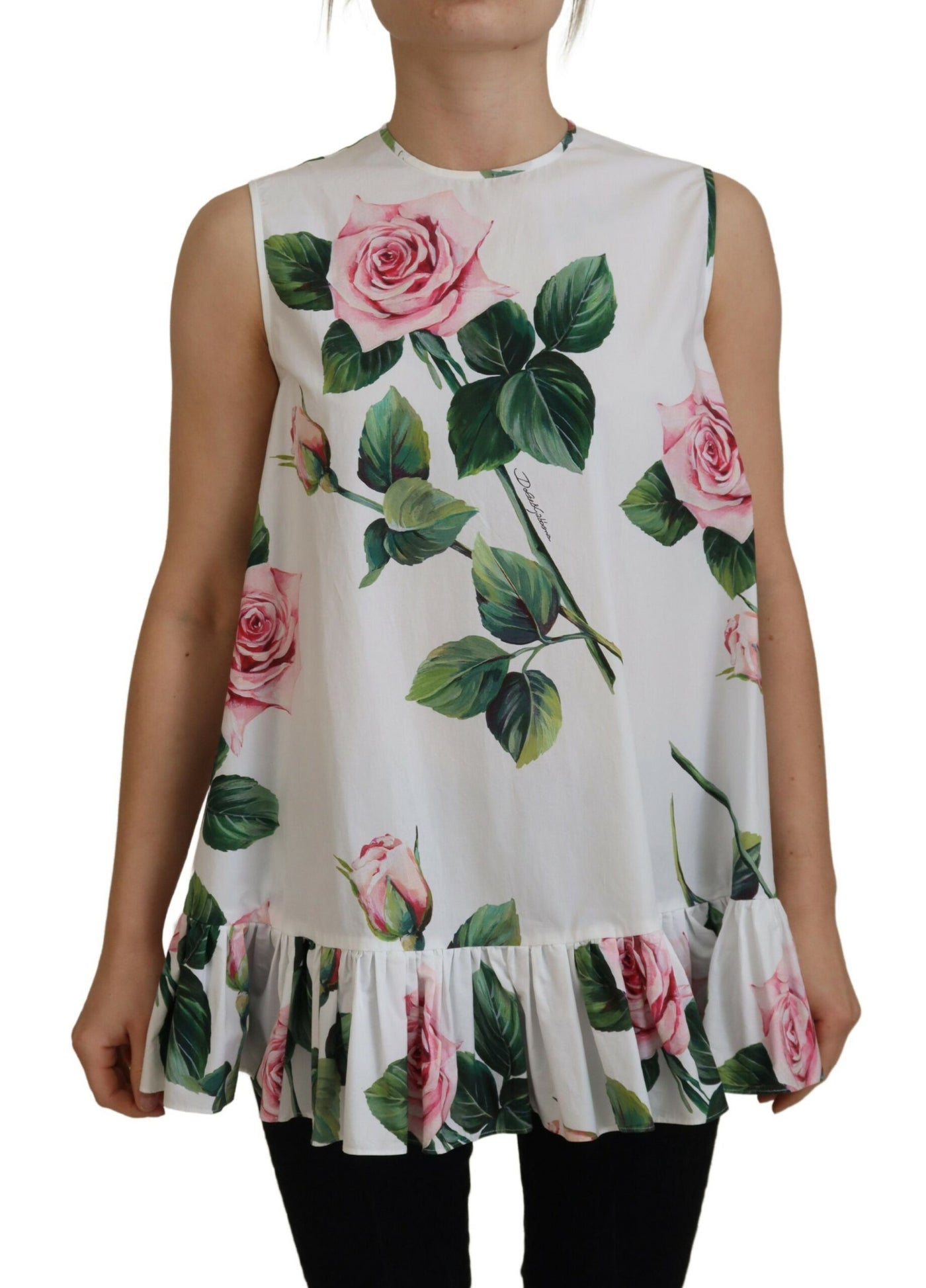 White Rose Print Cotton Sleeveless Tank Top