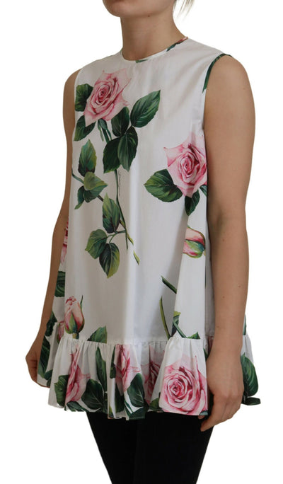 White Rose Print Cotton Sleeveless Tank Top