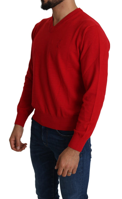 Red V-neck Wool Sweatshirt Pullover Sweater