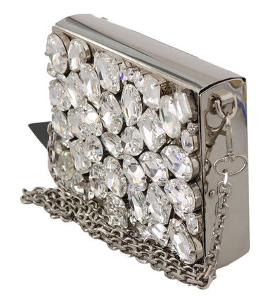 Silver Metal Crystal Clutch Purse Cross Body BOX Bag