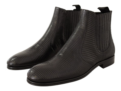 Black Leather Lizard Skin Ankle Boots