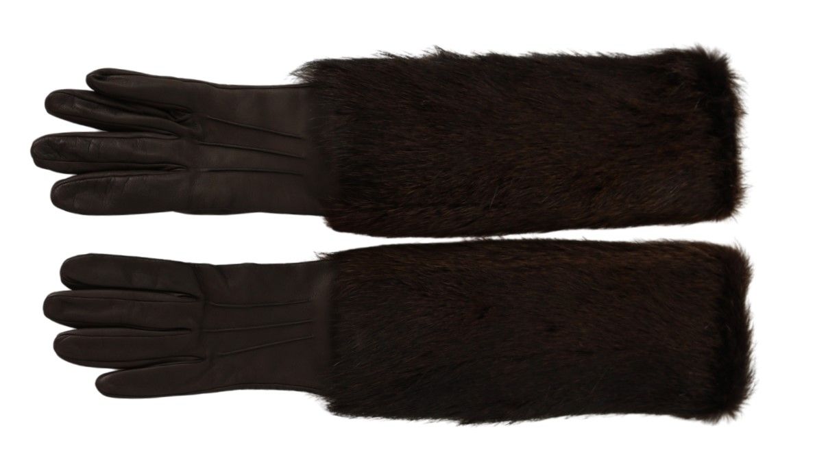 Brown Elbow Length Mittens Leather Fur Gloves