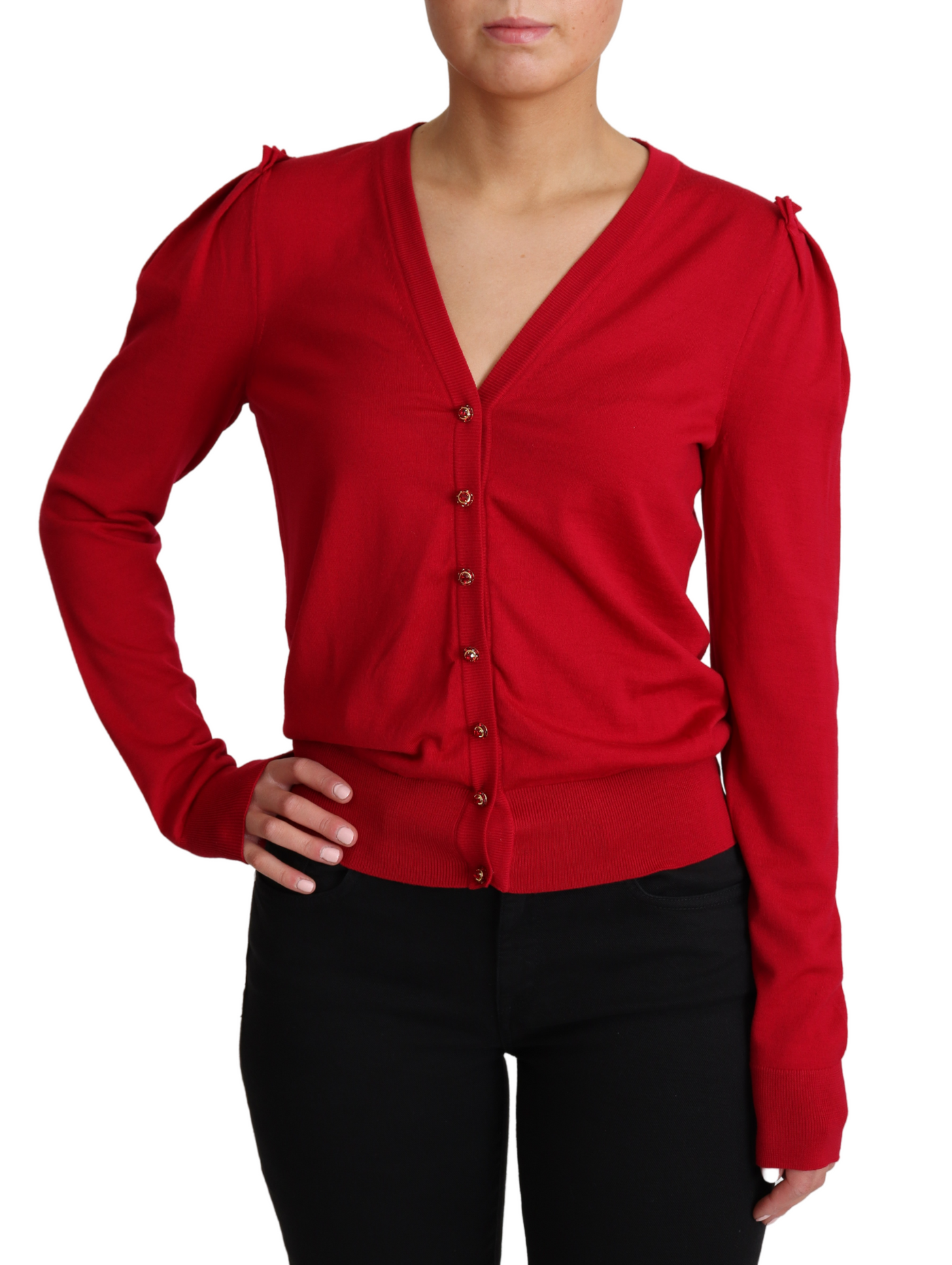 Red Wool Deep V-neck Women Cardigan Sweater