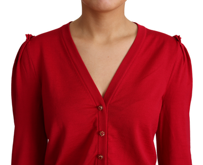 Red Wool Deep V-neck Women Cardigan Sweater