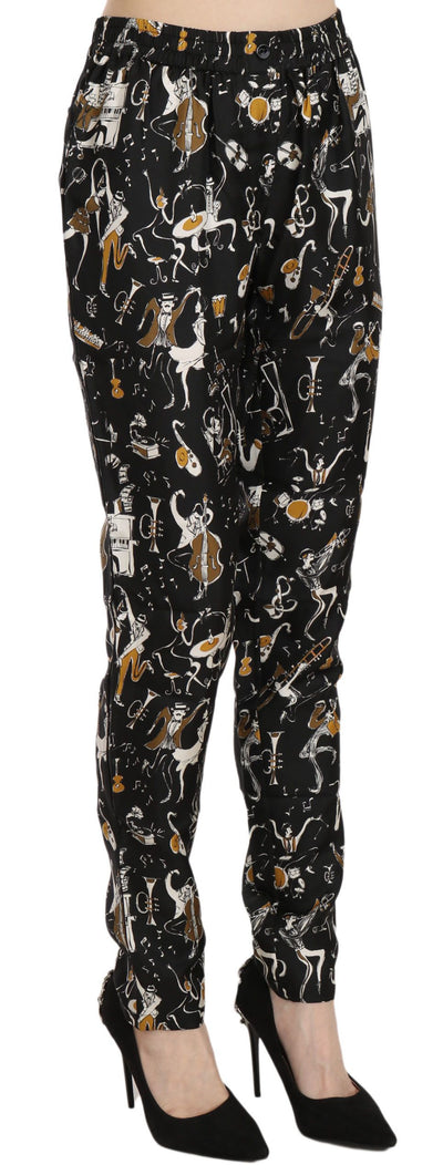 Black Jazz Club Print High Waist Tapered Pants