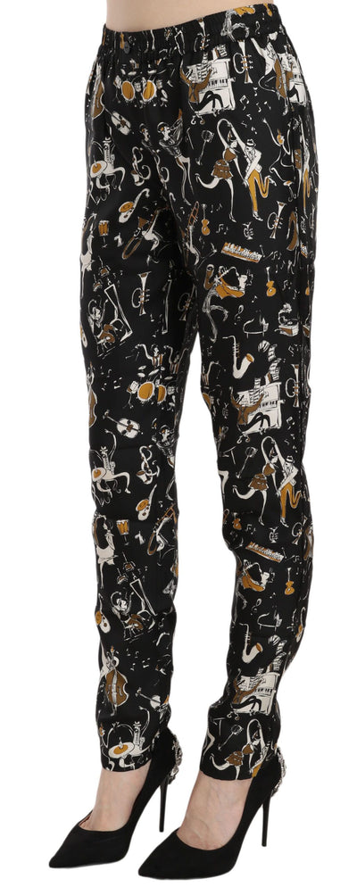 Black Jazz Club Print High Waist Tapered Pants