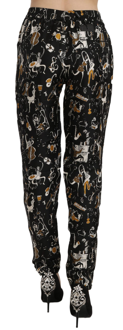 Black Jazz Club Print High Waist Tapered Pants