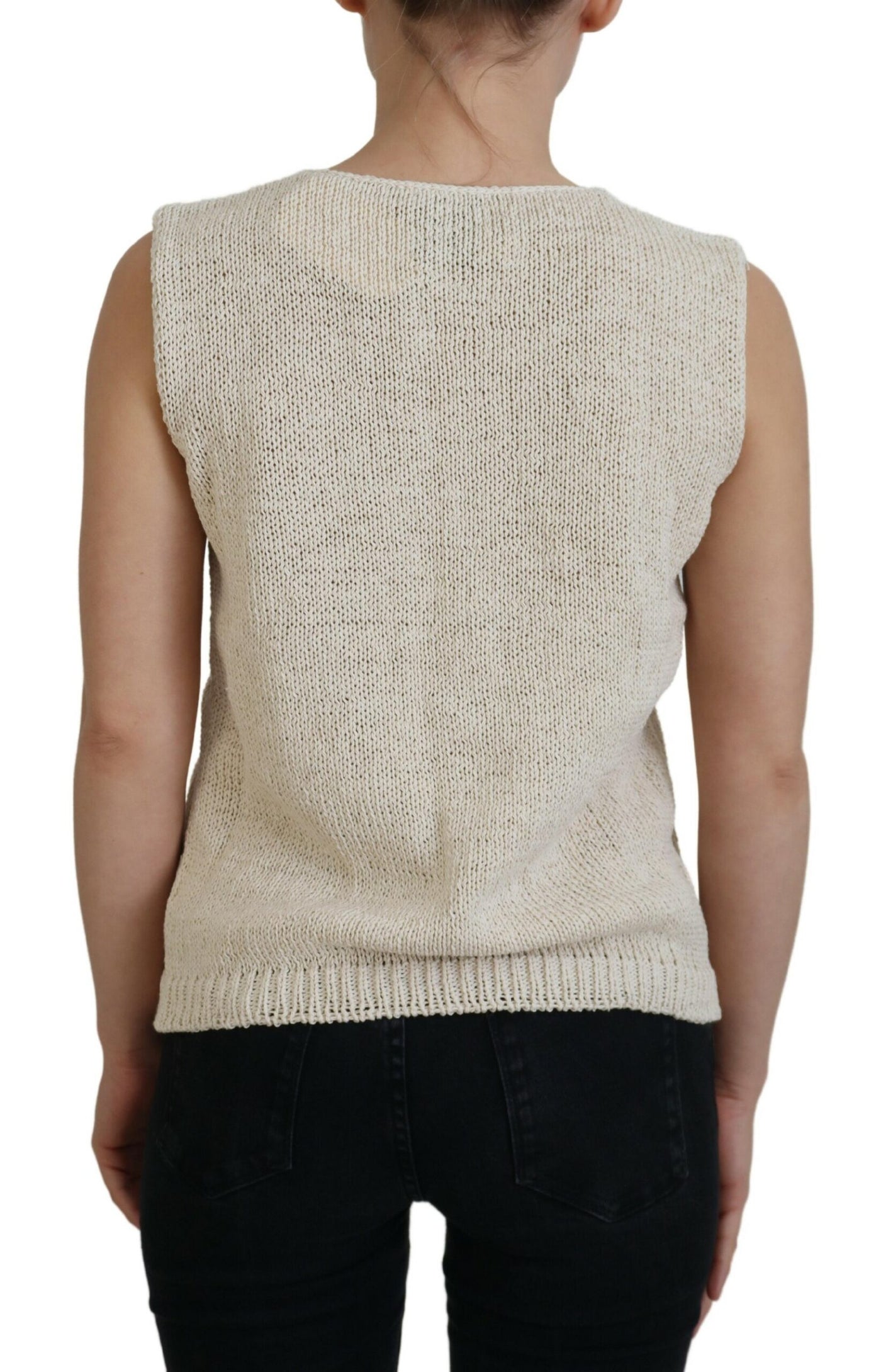 Beige Cotton Blend Sleeveless Round Neck Tank Top