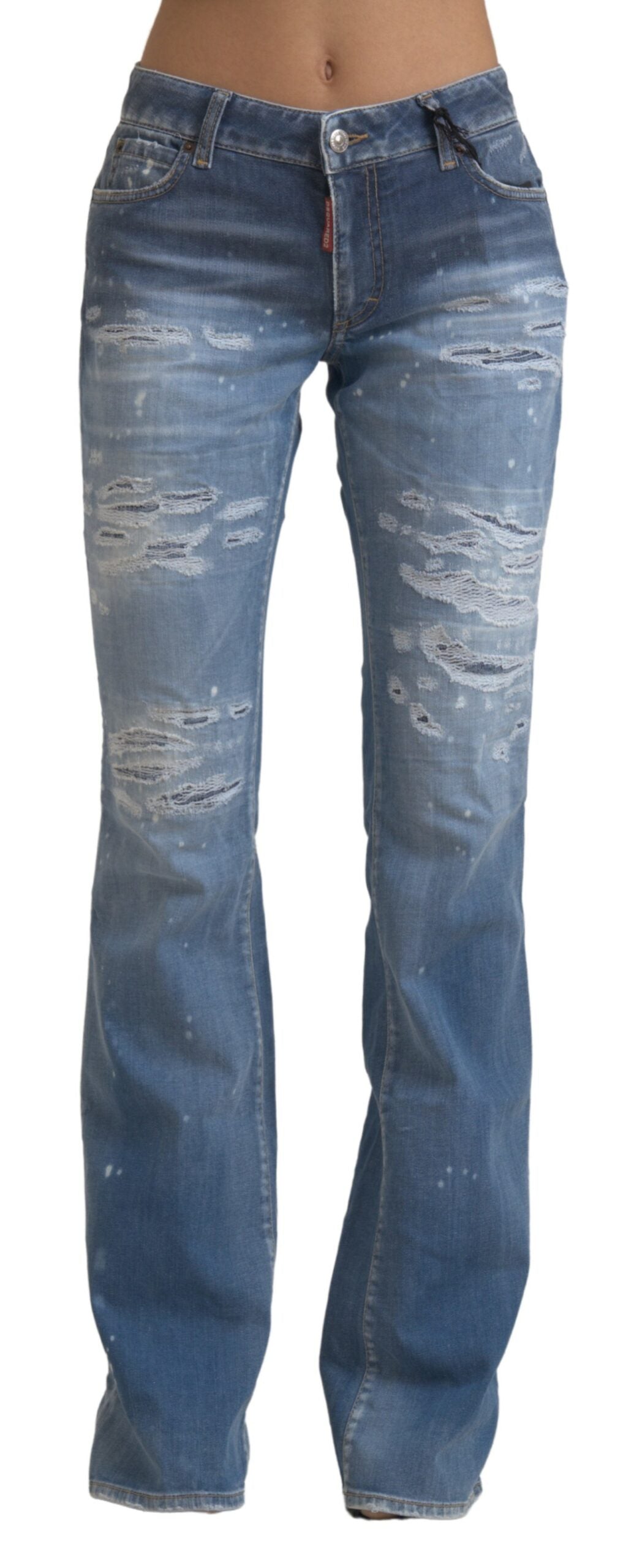 Blue Tattered Mid Waist Flared Denim Jeans