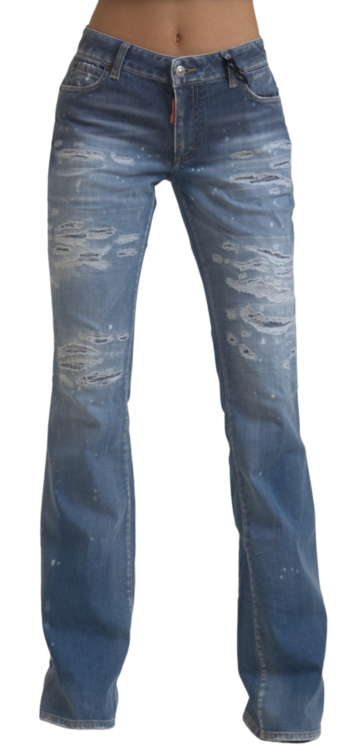 Blue Tattered Mid Waist Flared Denim Jeans