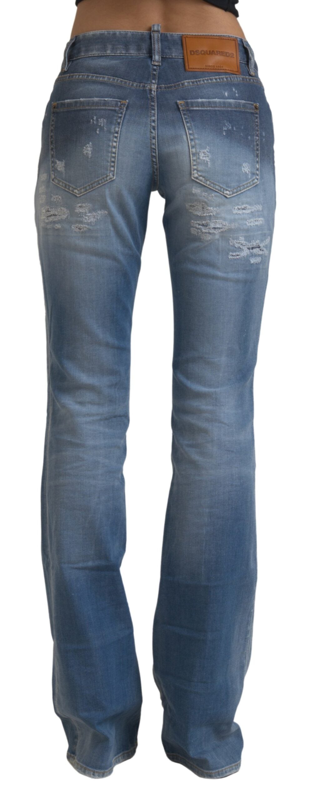 Blue Tattered Mid Waist Flared Denim Jeans