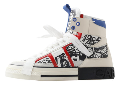 White Graffiti Leather High Top Sneaker Shoes