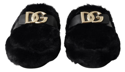 Black Fur DG Logo House Slippers Slides Shoes