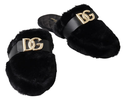 Black Fur DG Logo House Slippers Slides Shoes