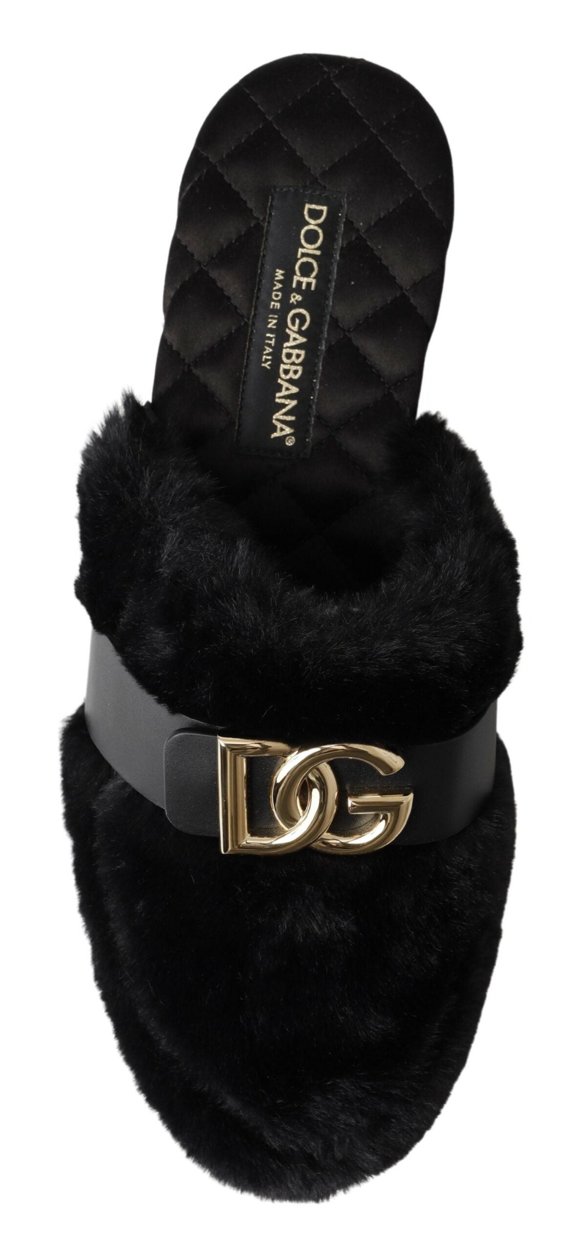 Black Fur DG Logo House Slippers Slides Shoes