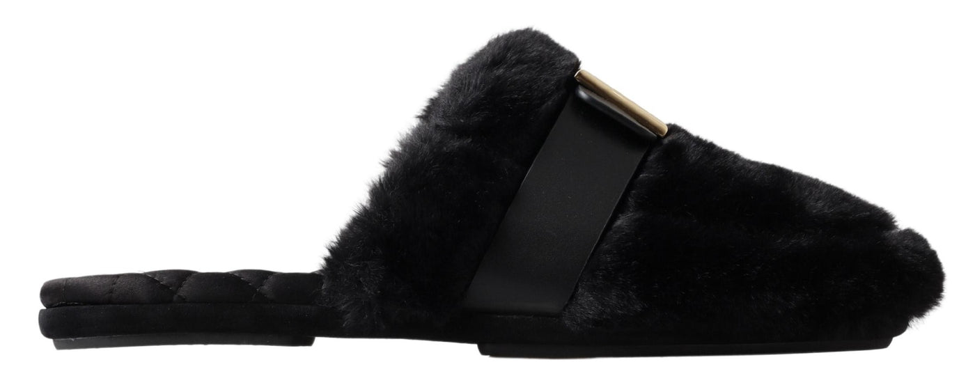 Black Fur DG Logo House Slippers Slides Shoes