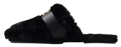 Black Fur DG Logo House Slippers Slides Shoes