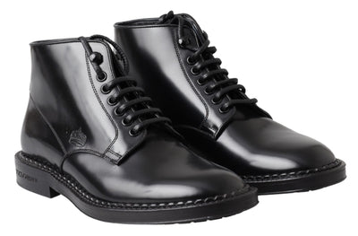 Black Leather Men Short Boots Lace Up Shoes