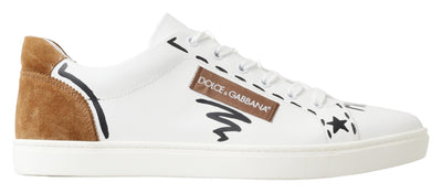 White Brown Leather Low Top Sneakers Shoes