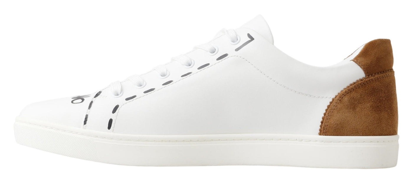 White Brown Leather Low Top Sneakers Shoes