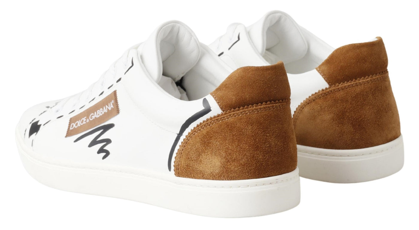 White Brown Leather Low Top Sneakers Shoes