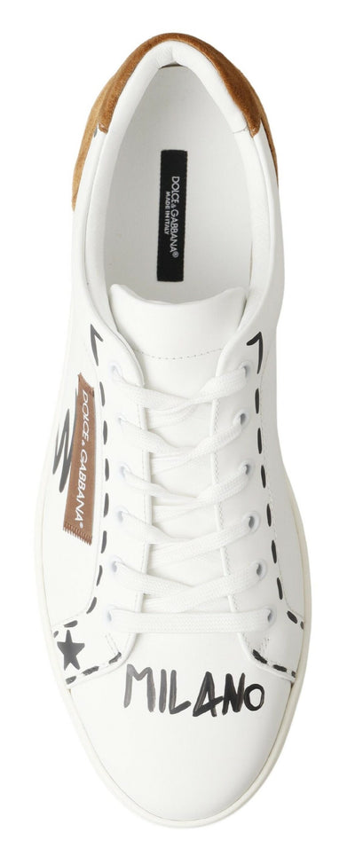 White Brown Leather Low Top Sneakers Shoes