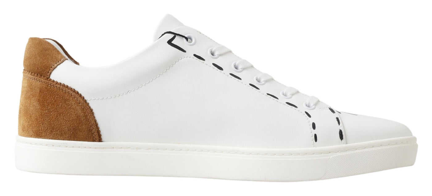 White Brown Leather Low Top Sneakers Shoes