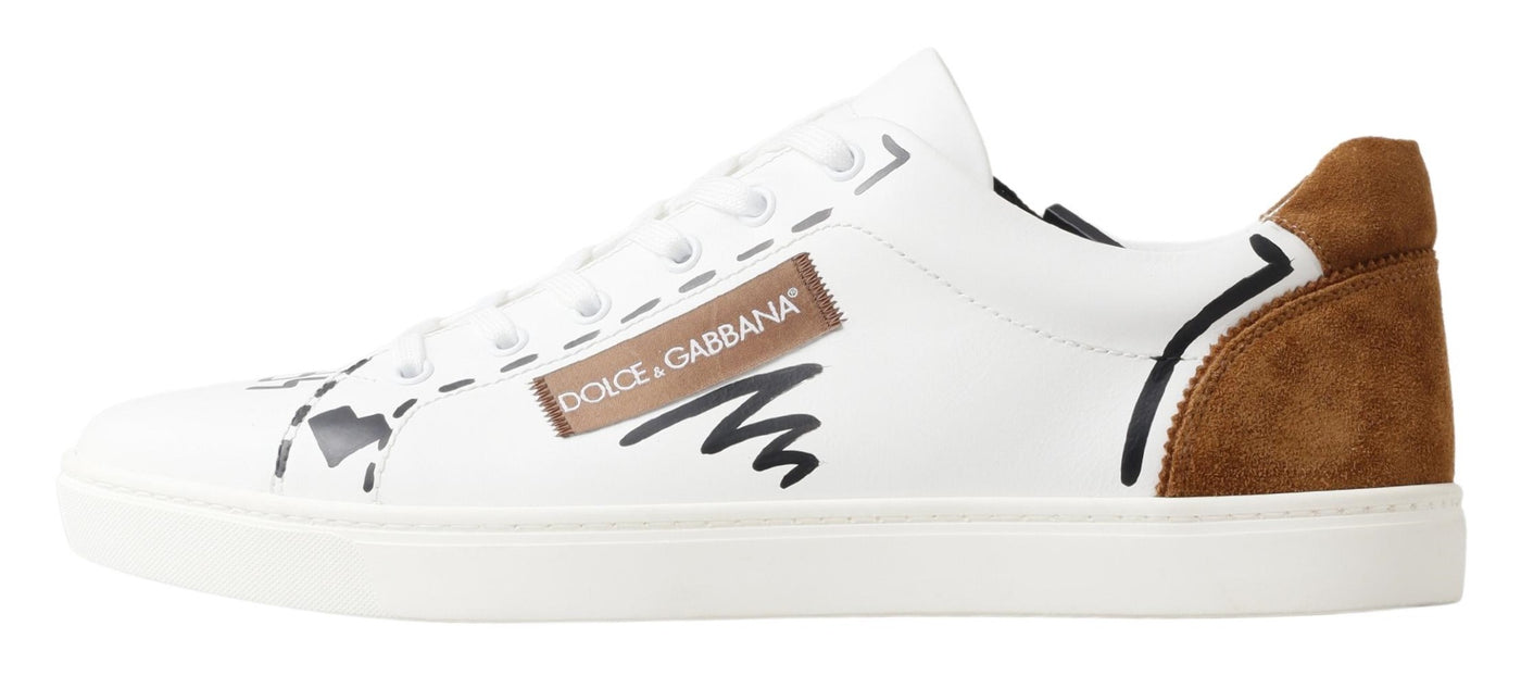 White Brown Leather Low Top Sneakers Shoes