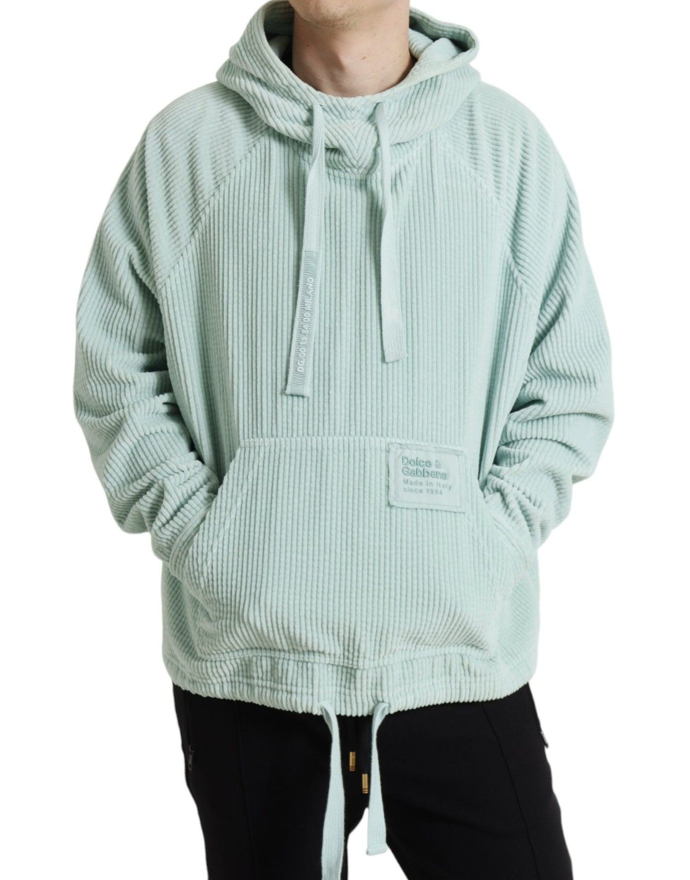 Mint Green Cotton Hooded Pockets Pullover Sweater