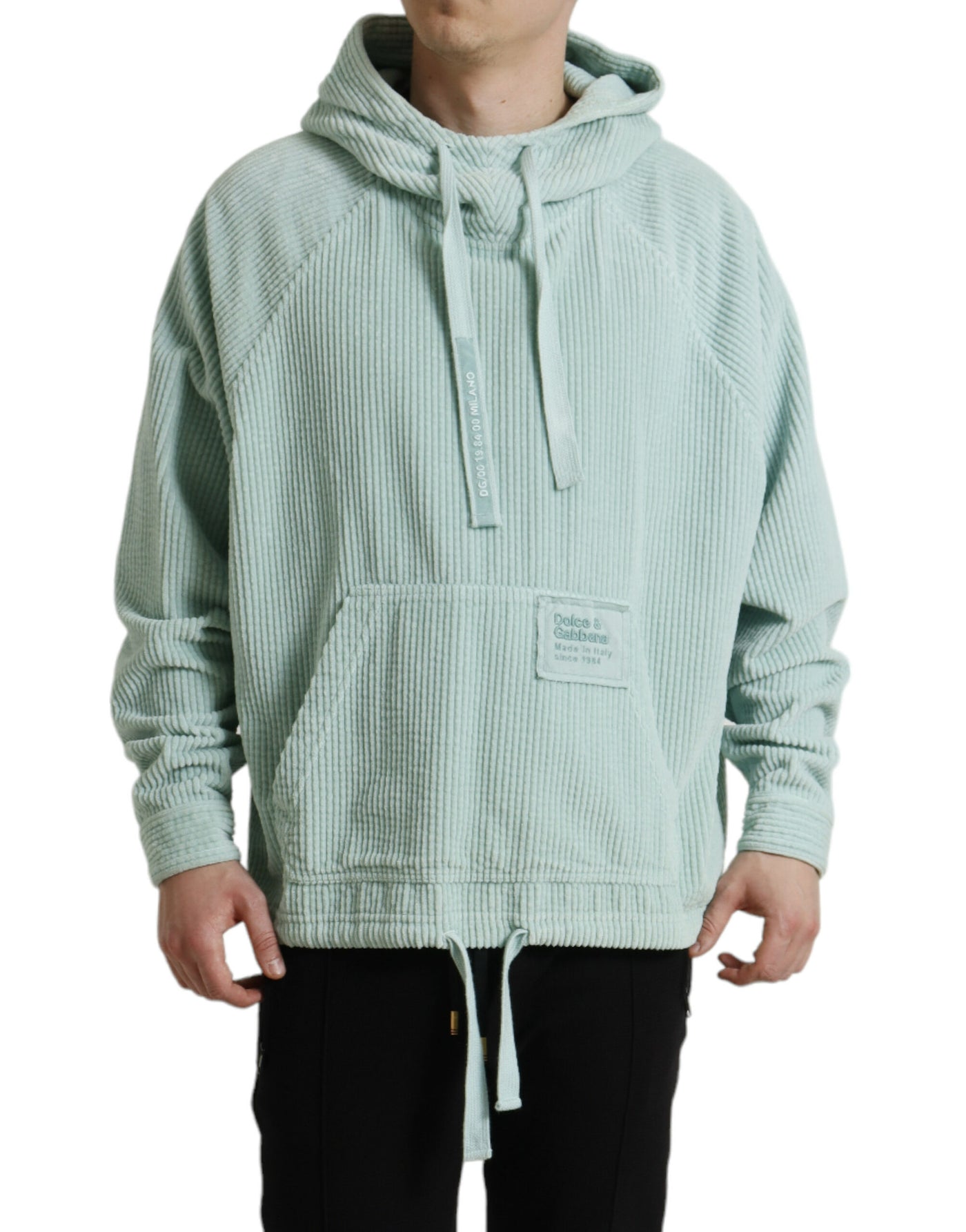 Mint Green Cotton Hooded Pockets Pullover Sweater