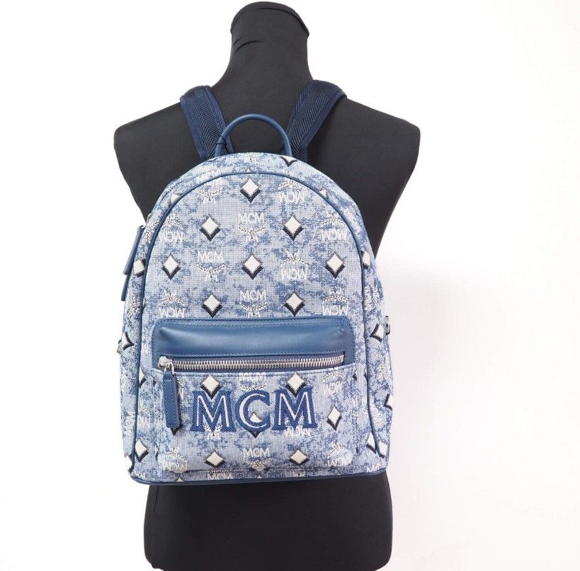 Stark Small Blue Vintage Jacquard Monogram Logo Fabric Backpack Bookbag