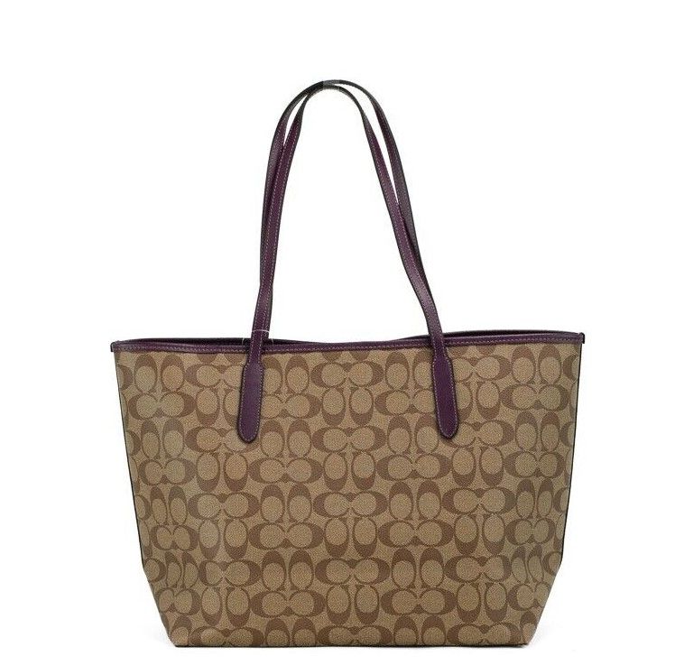 Signature Coated Canvas Khaki Boysenberry City Tote Shoulder Bag