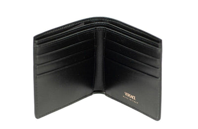 Black Smooth Leather Gold Medusa Head Chain Logo Bifold Organizer Wallet