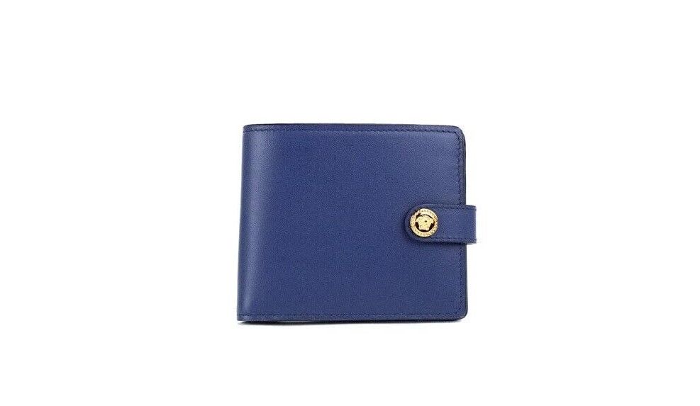 Navy Blue Compact Smooth Leather Gold Toned Medusa Snap Bifold Wallet