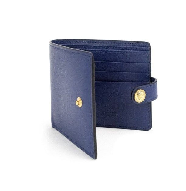 Navy Blue Compact Smooth Leather Gold Toned Medusa Snap Bifold Wallet