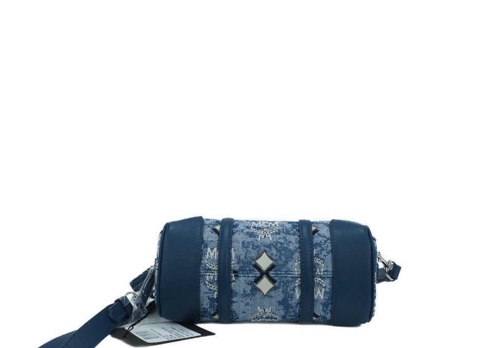 Boston Mini Blue Vintage Jacquard Logo Fabric Satchel Crossbody Handbag