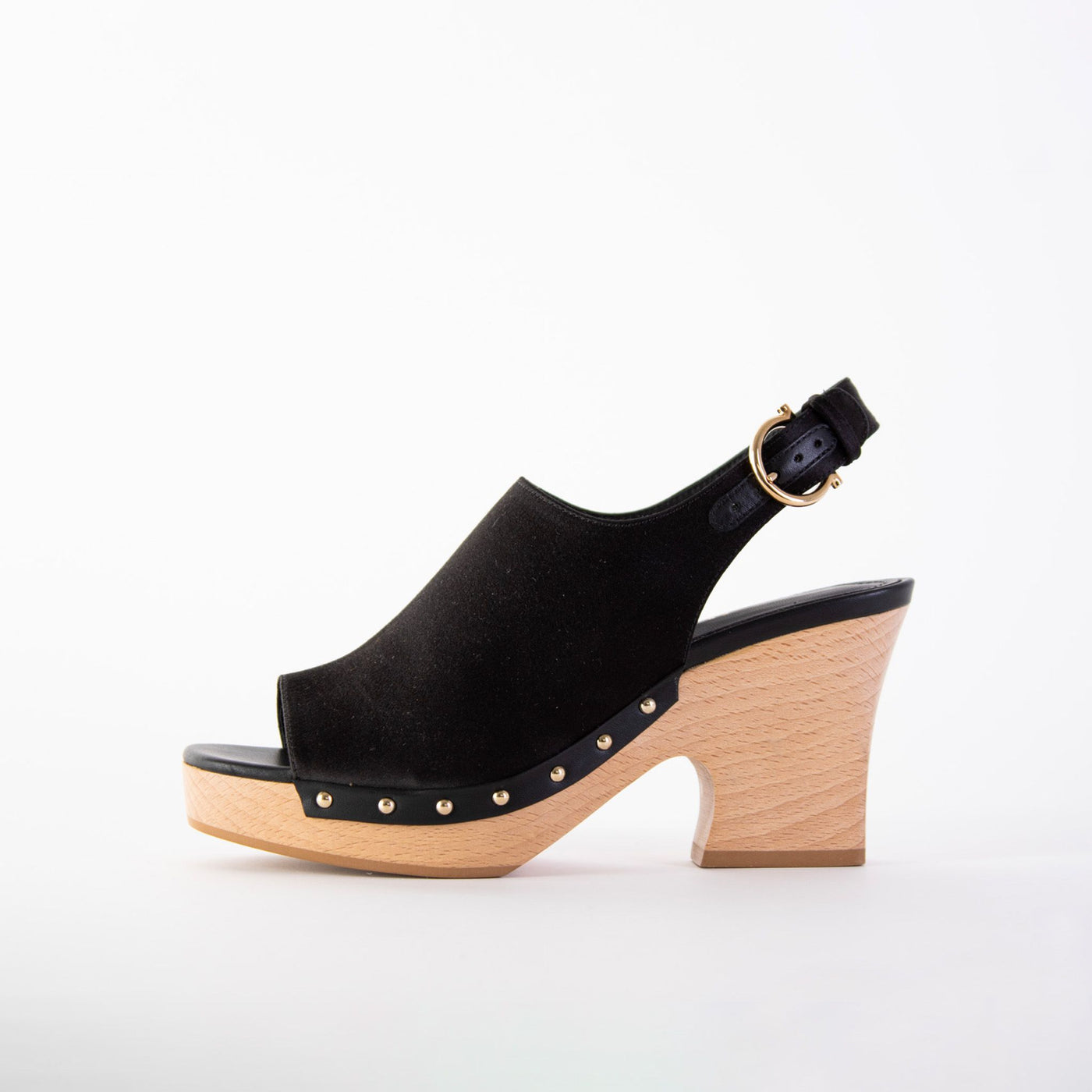 Susanne Black Leather and Fabric Wedge Sandals