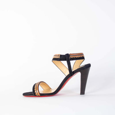 Black Leather Heel Embroidery Sandals