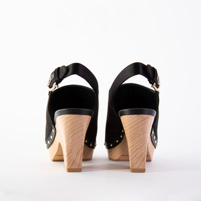 Susanne Black Leather and Fabric Wedge Sandals