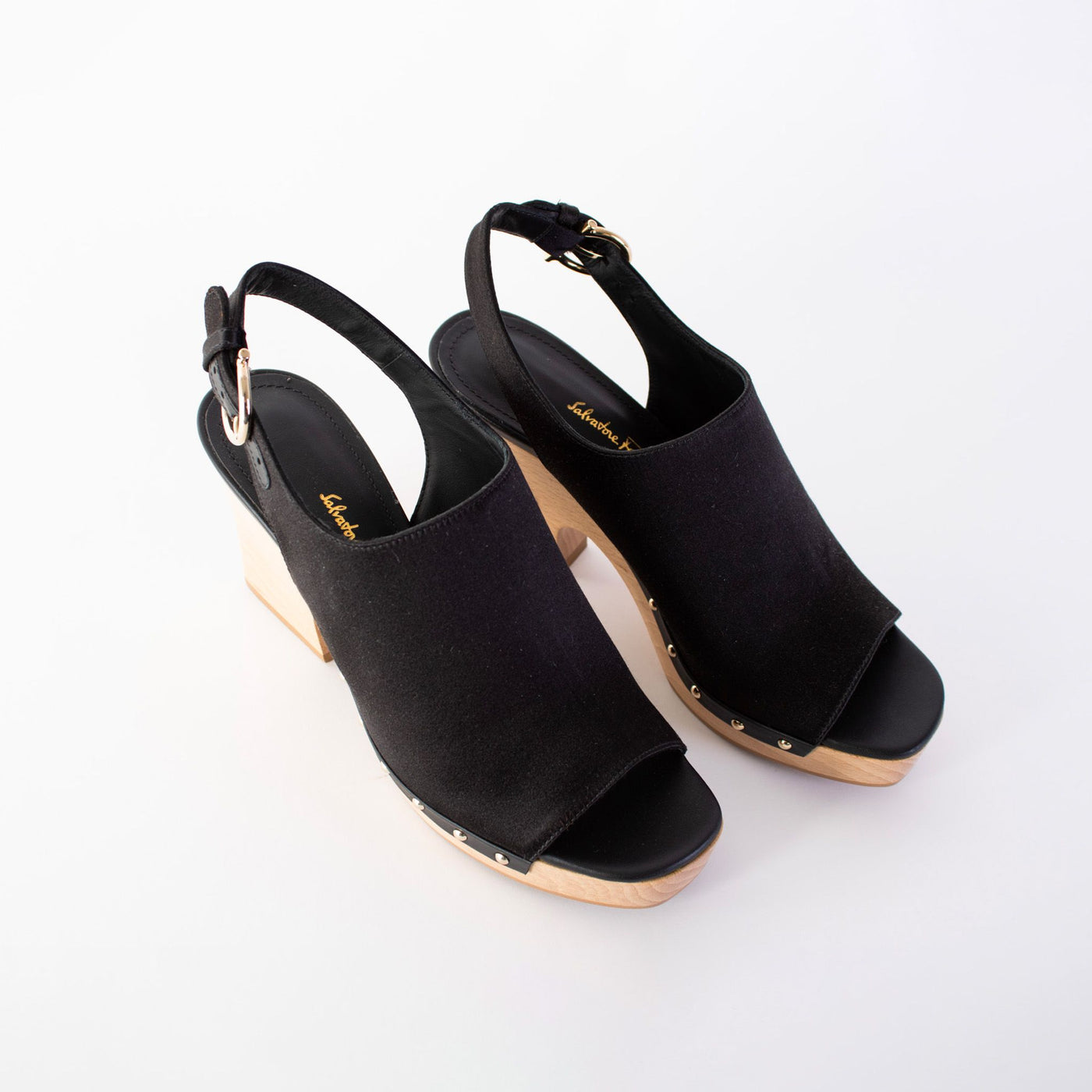 Susanne Black Leather and Fabric Wedge Sandals