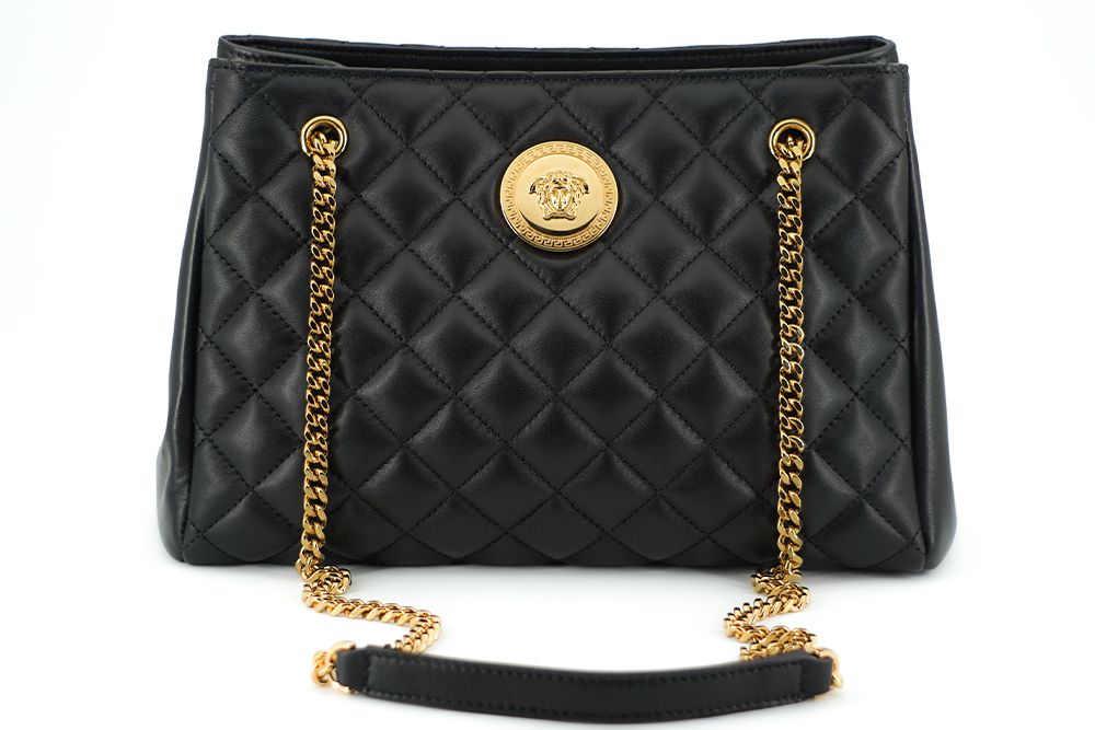 Black Quilted Nappa Leather Medusa Tote Handbag