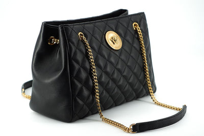 Black Quilted Nappa Leather Medusa Tote Handbag