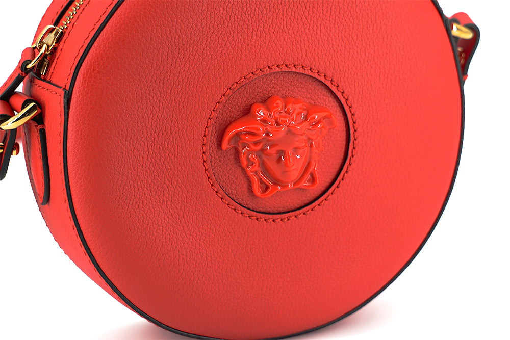 Red Calf Leather Round Disc Shoulder Bag