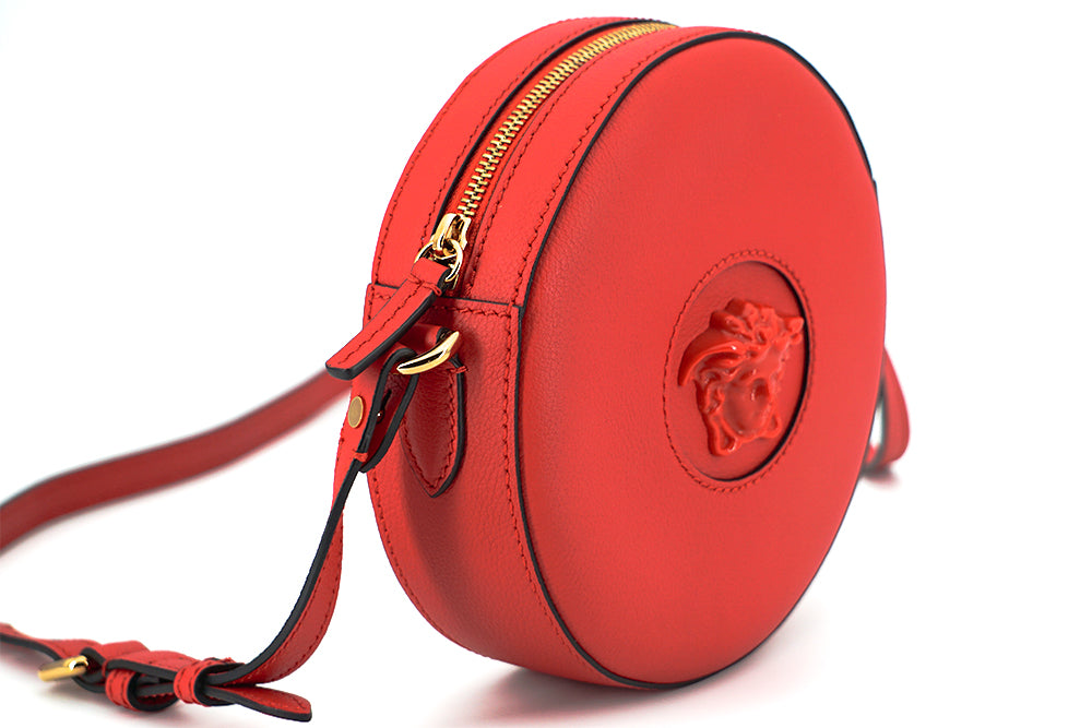 Red Calf Leather Round Disc Shoulder Bag