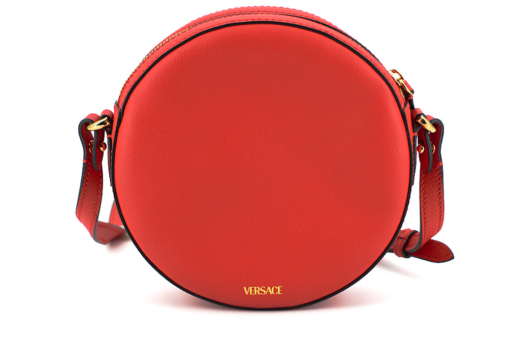 Red Calf Leather Round Disc Shoulder Bag