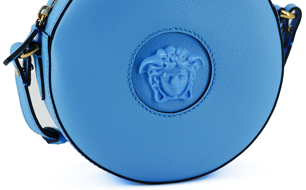 Blue Calf Leather Round Disco Shoulder Bag