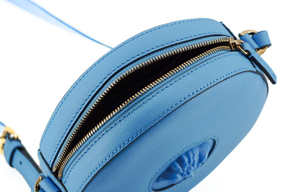 Blue Calf Leather Round Disco Shoulder Bag